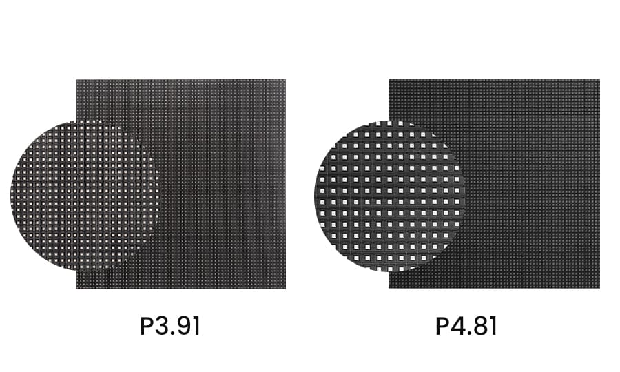 Visual comparison of P3.91 and P4.81 outdoor rental LED display pixel pitch, showing LED diode density.